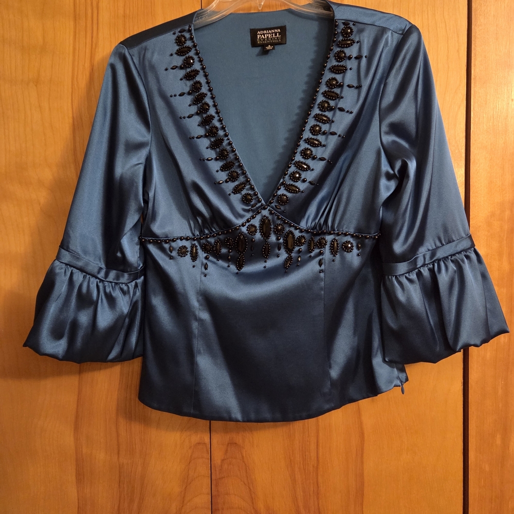 Papell Boutique Teal Blouse with Black Embellishments